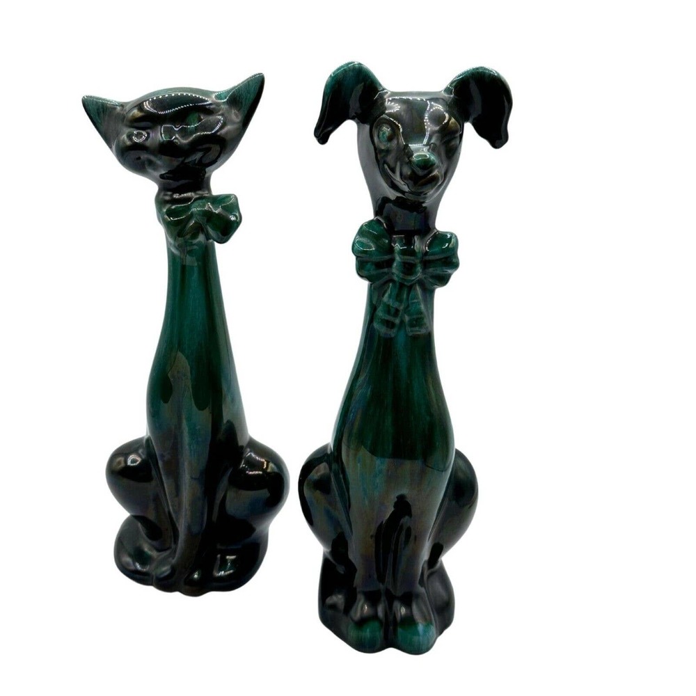 Vintage MCM Blue Mountain Pottery Cat and Sitting Dog 13" Blue Green Ceramic